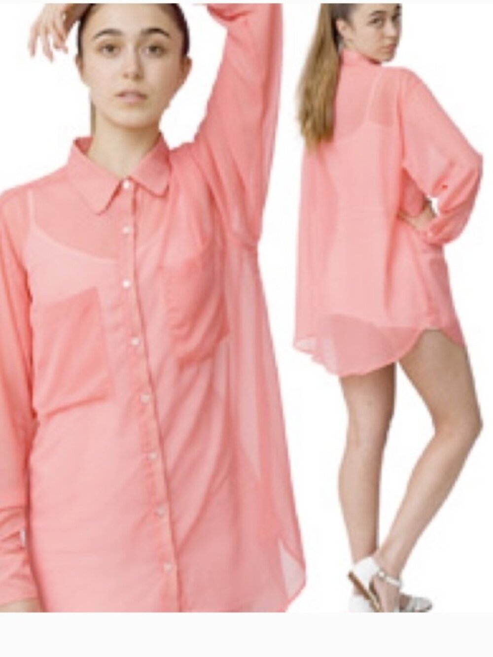 American Apparel Coral Chiffon Sheer Oversized Button Up Blouse Top (OS)